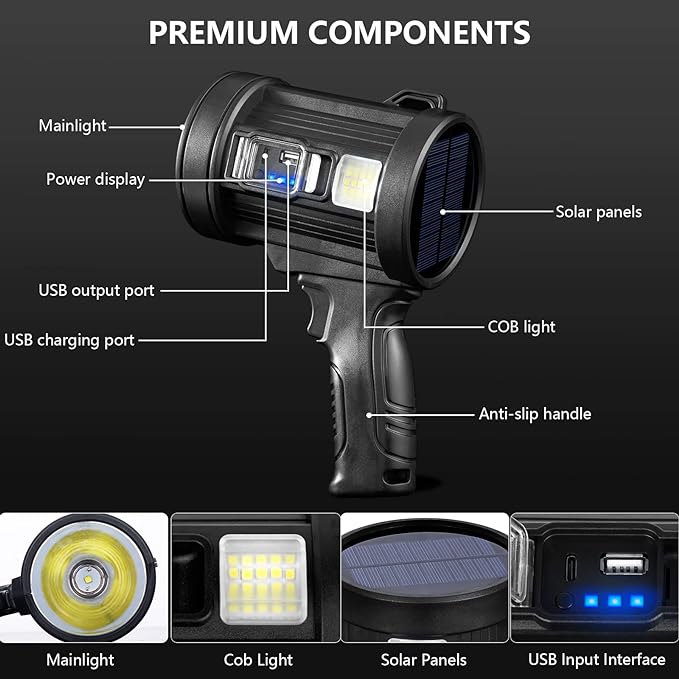 MIXILIN Rechargeable Spotlight, 1000,000 Lumens Handheld Hunting Flashlight Led Spot Light with Cob Light and Solar Panels, Lightweight and Super Bright Spotlight for Hunting Boating Camping