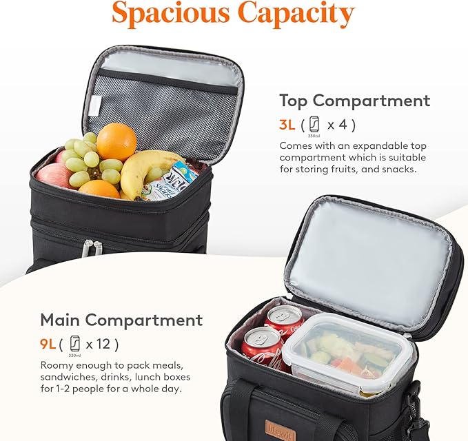 Lifewit Lunch Box for Men Women, Black, 12L/16Can, Insulated Soft Cooler Bag with Padded Shoulder Strap, Ideal for Work/Flight/Travel