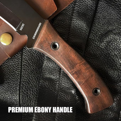 13.6" Full-Tang Hunting, Survival, Camping & Mountaineering Kukri Knife, Featuring Arced Blade, Rust Protection Coating, Ebony Grip and Leather Holster