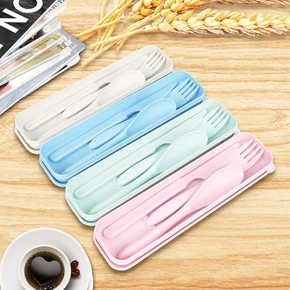 Reusable Travel Utensils Set with Case, Pink Wheat Straw Portable Knife Fork Spoons Tableware, Eco-Friendly BPA Free Cutlery for Kids and Adults as Travel Picnic Camping Utensils