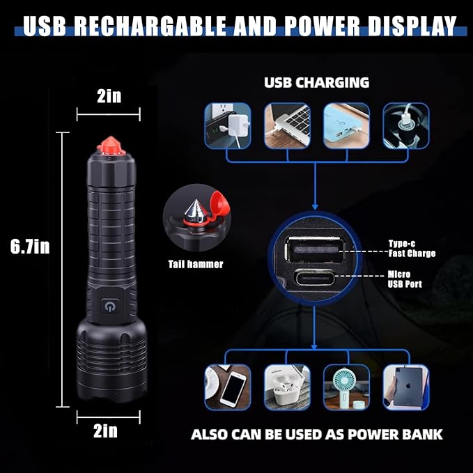 Rechargeable Led Flashlights 10000 Lumens Flashlight 6.7in Handheld Flashlights IP44 Waterproof Zoomable 5 Modes Waterproof Flash Lights for Emergency, Outdoor, Home, Camping, Hiking(Battery Free)