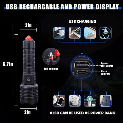 Rechargeable Led Flashlights 10000 Lumens Flashlight 6.7in Handheld Flashlights IP44 Waterproof Zoomable 5 Modes Waterproof Flash Lights for Emergency, Outdoor, Home, Camping, Hiking(Battery Free)