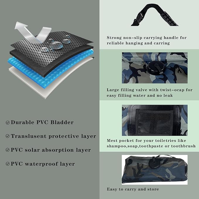 Portable Camping Shower Bag Solar Shower Bag for Camping 5 Gal/20L with On-Off Switchable Shower Head and Removable Hose for Camping,Hiking,Travel,Beach Swimming,Outdoor