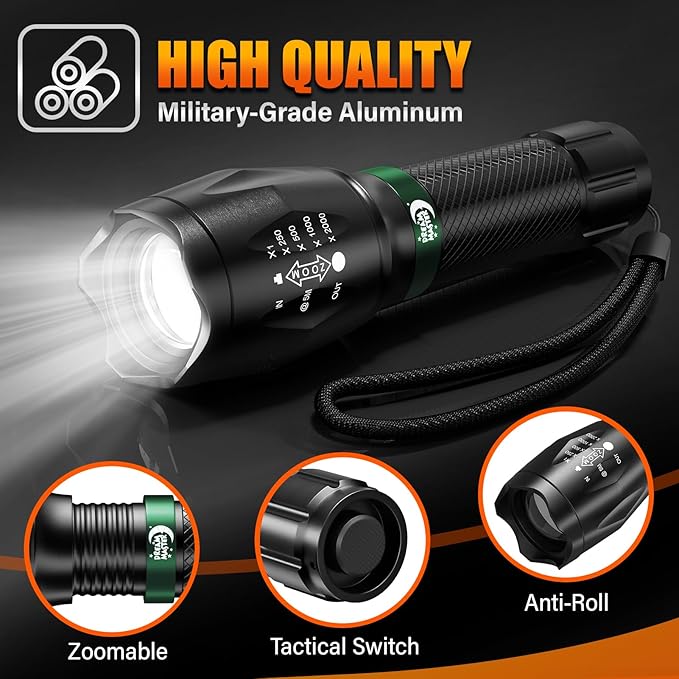 2 Pack LED Flashlights High Lumens with 6 AAA Batteries, 5 Modes Mini Waterproof Tactical Flashlight for Camping Hiking, Bright Flashlight with Zoomable, Fathers Day Dad Gifts for Him, Black & Green