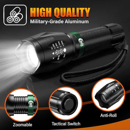 2 Pack LED Flashlights High Lumens with 6 AAA Batteries, 5 Modes Mini Waterproof Tactical Flashlight for Camping Hiking, Bright Flashlight with Zoomable, Fathers Day Dad Gifts for Him, Black & Green