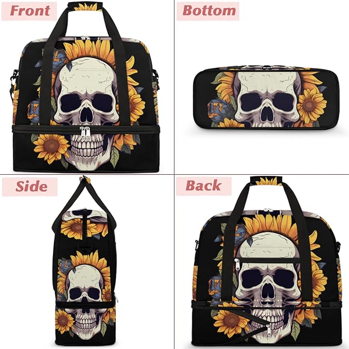 cfpolar Woman Travel Duffel Bag Sunflower Flower Skull Foldable Tote Carry On Luggage Sports Gym Bag With Shoe Compartment Overnight Weekend Yoga Workout Bag Training Handbag