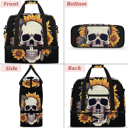 cfpolar Woman Travel Duffel Bag Sunflower Flower Skull Foldable Tote Carry On Luggage Sports Gym Bag With Shoe Compartment Overnight Weekend Yoga Workout Bag Training Handbag