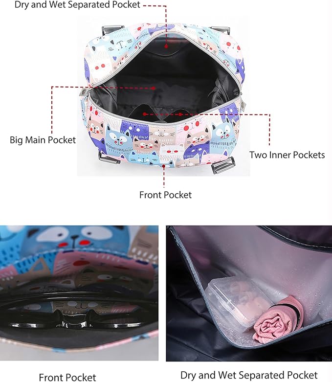 Travel Duffle Bag Weekender Overnight Bag Gym Tote with Wet Pocket for Women Girls Workout Duffel Bag Water Resistant (W-Cute Dinosaurs+Toiletry Bag)