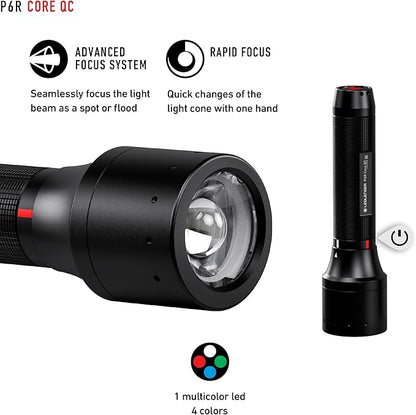 Ledlenser P6R Core QC, 4 Color Focusing Flashlight, Advanced Focus System, Rapid Focus, Multicolor Strobe, Micro-USB Rechargeable Port