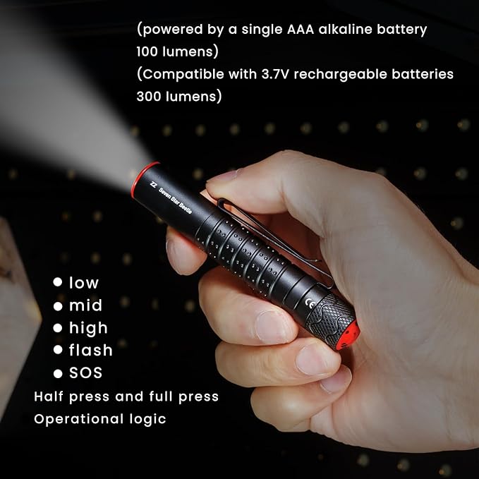 ZZ Seven Star Beetle EDC Flashlight, Ultra Compact LED100 lumens, Equipped with AAA Alkaline Battery, Mini Tactical Flash, Two-Way Pen Clip, Suitable for Daily Carrying (Black)