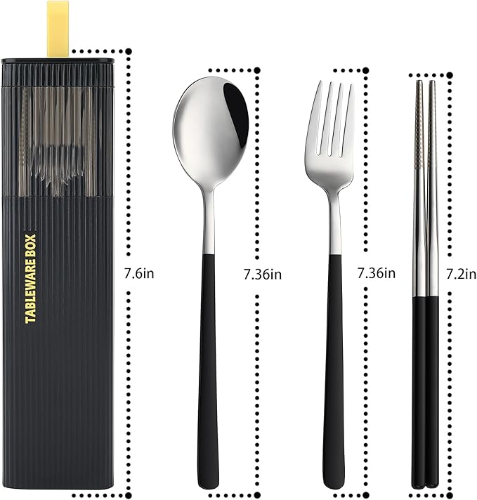 DEVICO Travel Utensils with Case, Stainless Steel Reusable Camping Silverware Set for Lunch Box, Portable Cutlery Kit Includes Fork, Spoon, Chopsticks (Black)