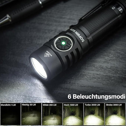 sofirn SC29 Led Flashlight Rechargeable 3000 Lumen, Small Powerful Flashlight with USB C Handle Pocket Flashlight, Long Battery Life, IP68 Waterproof for Emergencies, Dog Walking