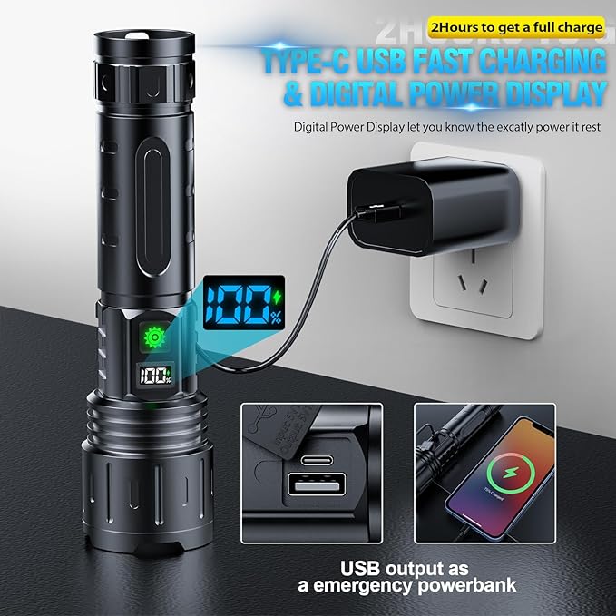 Flashlights 20000 High Lumens Rechargeable - 1500 Meters Long Beam Super Bright LED Flash Light with Power Display & IPX5 Waterproof for Camping, 20H Runtime,5 Modes,Zoomable with Belt Holsters