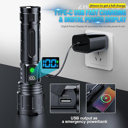 Flashlights 20000 High Lumens Rechargeable - 1500 Meters Long Beam Super Bright LED Flash Light with Power Display & IPX5 Waterproof for Camping, 20H Runtime,5 Modes,Zoomable with Belt Holsters