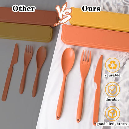 Lnrkai Large Reusable Utensil Set with Case, 4 Sets Portable Plastic Spoons Fork Knife Camping Utensils Silverware for Lunch Box Accessories for Kids Adults Travel Picnic Camping Use(Dark Color)