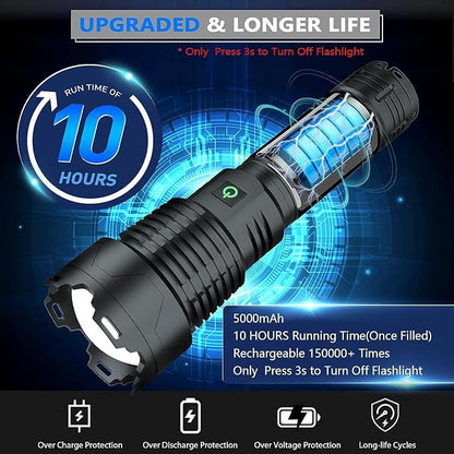 Flashlights High Lumens Rechargeable - 990000 Lumens Super Bright LED Flashlight with 5 Modes, Max 10 Hours Runtime, IP67 Waterproof Flash Light for Camping, Hiking, Fishing