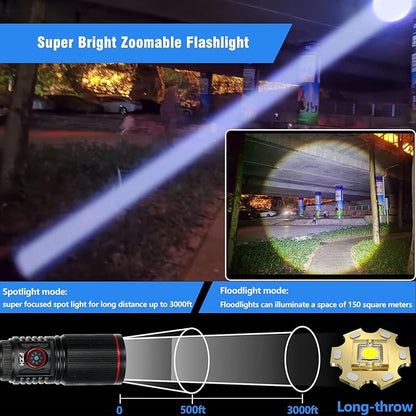 FZH Flashlights High Lumens Rechargeable 2PC 10000LM LED Infinitely Dimmable Super Bright USB Flash Light Powerful Handheld Tactical Torch, 5 Modes, Waterproof for Outdoor Emergencies Camping