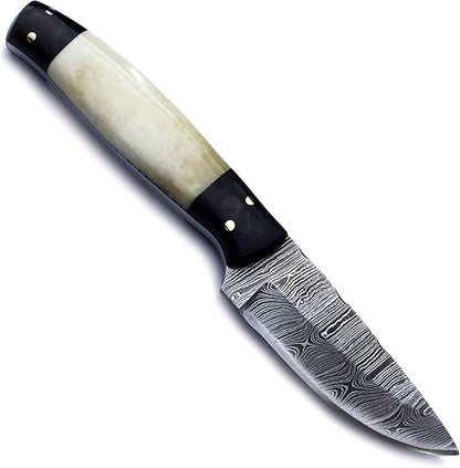 Handmade Damascus Steel Knife Bowie for Hunting,Survival,Camping,Bushcraft and Fishing Fixed Blade withDrop Point-Full Tang Bone Handle with Cowhide-Leather Sheath - WKD-775