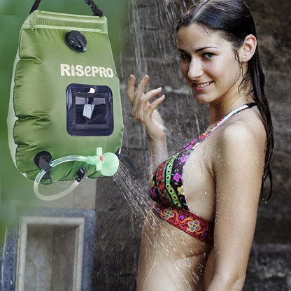 Solar Shower Bag, RISEPRO 5 gallons/20L Solar Heating Premium Camping Shower Bag Hot Water with Temperature 45°C Removable Hose on/Off Switchable Shower Head Hiking Climbing Summer Shower K8