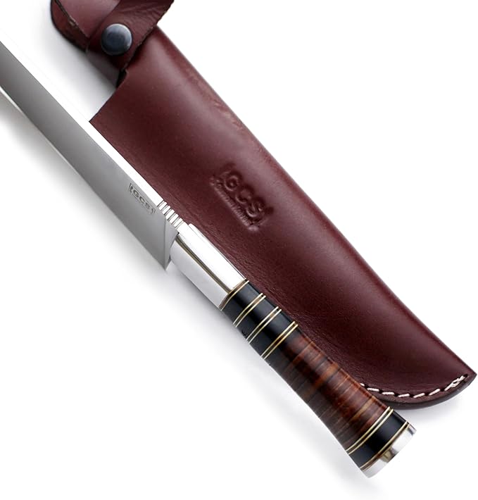 GCS Handmade Stacked Leather Handle D2 Tool Steel Chef Knife with leather Buffalo Hide Sheath 130