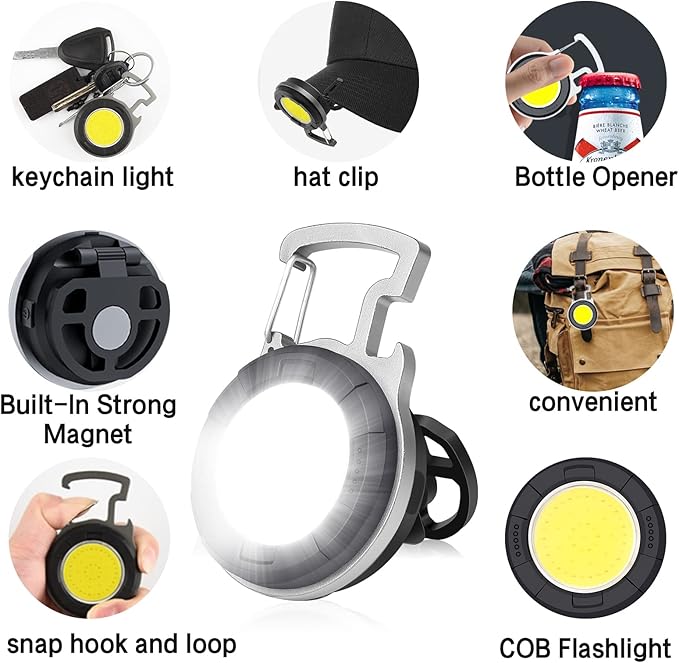 COB Small Flashlight, 1000Lumens Bright Rechargeable COB Keychain Flashlights,4 Light Modes Portable Pocket Light with Folding Bracket Bottle Opener and Magnet Base for Walking and Camping (Round)