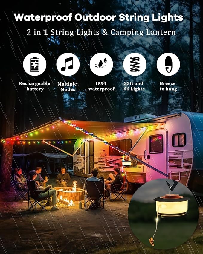 Camping String Lights Outdoor with Music Sync, Quick Storage LED String Lights with 7 RGB Color & 12 Mode Tent Lights, Portable Camping Lantern Waterproof Camping Light for Camping Essentials (Black)