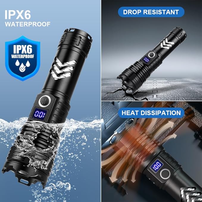 Flashlights High Lumens LED Rechargeable, 900,000 Lumen Brightest Flash Light, High Power USB Flashlight, Waterproof Handheld LED Flashlight for Camping Hiking