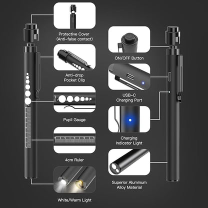 COSOOS 2 Rechargeable Pen Lights with Pupil Gauge, Ruler & 2 Pocket Protectors, LED Penlights for Nurse Doctor, Warm/White Light, USB-C Rechargeable Penlight Flashlight for Nursing Student
