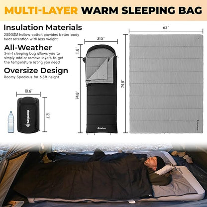 KingCamp 3-in-1 Sleeping Bag for Adults Cold & Warm Weather, XL Size for Big & Tall Individuals, Waterproof, Flannel Lining, Extra Length-Ideal for Camping & Backpacking
