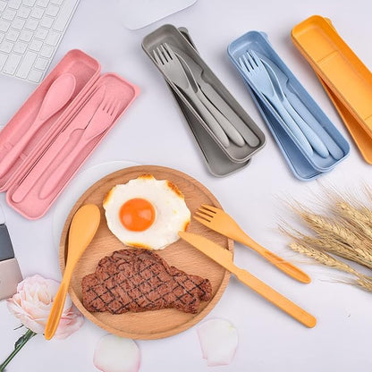 Travel Utensil Set with Case, 4 Sets Wheat Straw Silverware Reusable Knife Spoons and Forks Cutlery Set, Portable Utensil Sets for Travel Picnic Camping or Daily Use