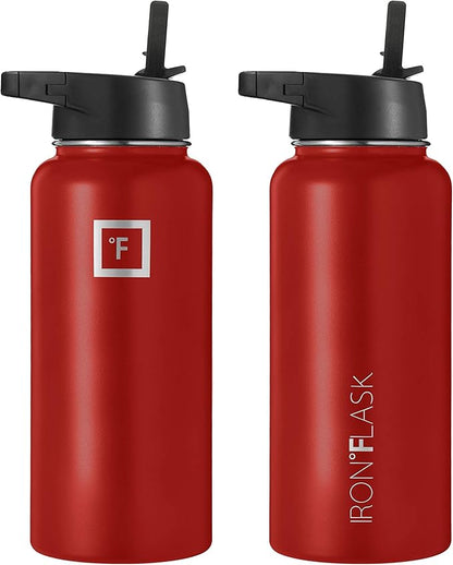 IRON °FLASK Sports Water Bottle - Wide Mouth with 3 Straw Lids - Stainless Steel Gym & Outdoor Bottles for Men, Women & Kids - Double Walled, Insulated Thermos, Metal Canteen - Fire Red, 32 Oz