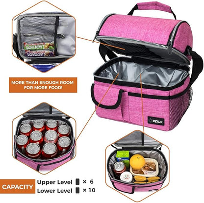 opux Lunch Bag Women Insulated, Adult Lunch Box Cooler, Lunch Box for Men, Dual Compartment Lunchbox for Work, Leakproof Double Decker Lunch Bag, Soft Lunch Pail Tote Girls Boys Kids School, Pink