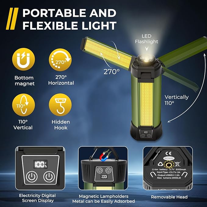 Rechargeable Camping Light with Stand, Outdoor LED Cordless Work Light, Portable Telescopic Bracket, 6AH Battery 500/1000/2000 Lumen, 3500K/4500K/6500K, Construction Lights