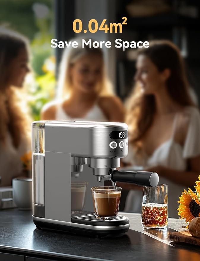 Neretva Espresso Machine 20 Bar, Super Compact Espresso Maker Stainless Steel Professional Coffee Machine Espresso with LED Display & Milk Frother for Home Barista Latte and Cappuccino Maker