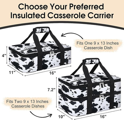 Double Insulated Casserole Carrier, Portable Casserole Carrier for Hot or Cold Food Lunch Tote Warmer or Cooler Bag, Lasagna Lunch Bag for Potluck Parties- Fits 9" x 13" Baking Dish-Cow Pattern