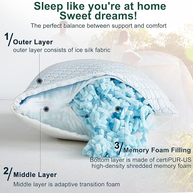 Gehannah Travel Pillow - Large 2 pack Compressible Camping Pillow for Sleeping - Shredded Memory Foam Pillow with 2 Storage Bag Compact Supportive, Pillow for Adult Kid Outdoor Backpacking Hiking Gear