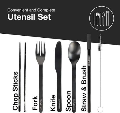 EcoVessel WANDERWARE Stainless Steel Utensils Set, Reusable Cutlery Set with Carry Case Camping Accessories, Travel Utensils With Case – 6 Pcs (Black Smoke)