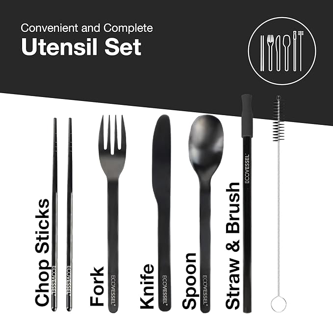 EcoVessel WANDERWARE Stainless Steel Utensils Set, Reusable Cutlery Set with Carry Case Camping Accessories, Travel Utensils With Case – 6 Pcs (Rainbow)