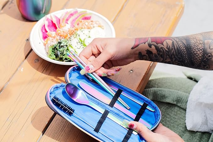 EcoVessel WANDERWARE Stainless Steel Utensils Set, Reusable Cutlery Set with Carry Case Camping Accessories, Travel Utensils With Case – 6 Pcs (Rainbow)