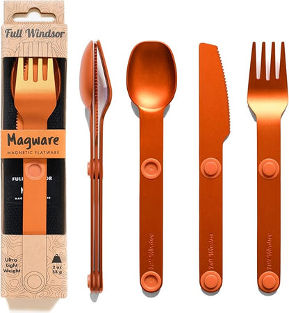 MAGWARE Magnetic Camping Utensils Set - Portable & Reusable Travel Flatware with a Case for Camping, Picnic, Office & Kid's Lunchbox | Pocket-sized Camping Cutlery Set | Knife, Fork & Spoon (3 PCS)