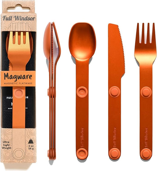 MAGWARE Magnetic Camping Utensils Set - Portable & Reusable Travel Flatware with a Case for Camping, Picnic, Office & Kid's Lunchbox | Pocket-sized Camping Cutlery Set | Knife, Fork & Spoon (3 PCS)