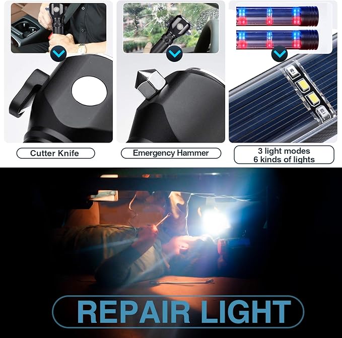 Delxo Patriot Flashlight, Handheld Solar Powered Tactical Flashlights Cell Phone Charger, USB Rechargeable Waterproof Car LED Flash Light with 2400mAh Battery, Multi Function for Emergency