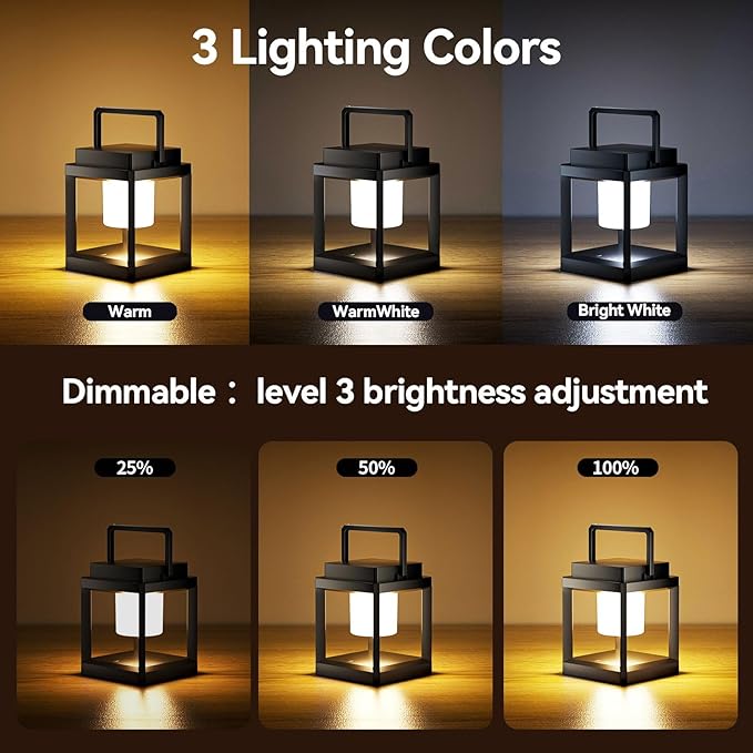 Hanging Solar Table Lanterns Outdoor - Portable Rechargeable Solar Table Light with Type-C Port, Touch Control, Waterproof LED Cordless Outdoor Table Lamp for Patio Camping Party Porch Decor