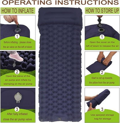 Sleeping Pad Ultralight Inflatable Camping Sleeping Pad with Pillow,Built-in Foot Pump,Lightweight Camping Mattress,Thick 4" Sleeping Mat for Camping Backpacking Hiking (Navy Blue, Single)