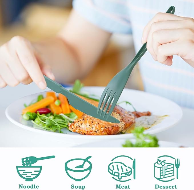 Large Reusable Travel Utensils Set with Case, Plastic Silverware Set for Adults Travel Picnic Camping, Portable Flatware Cutlery Set with Chopsticks for Daily Use(Dark Green)