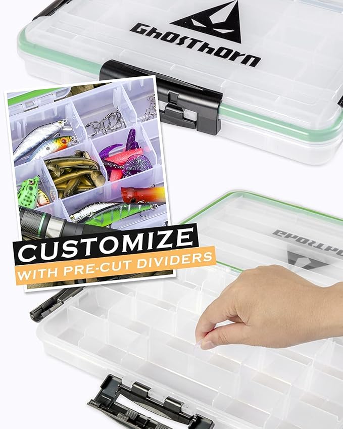 Ghosthorn Fishing Tackle Box, Waterproof 3600 and 3700 Tackle Trays, Plastic Tackle Box Organizer with Removable Dividers Storage Lure Box for Lures 1 and 4 Pack