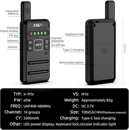 M10 Walkie Talkies with Long Range Signal, NOAA Weather, 3300mAh Battery Rechargeable, 16 Preset Channels Flash Replication Frequency, Tpye-C Charging Cable for Adults (Black 2 Pack)
