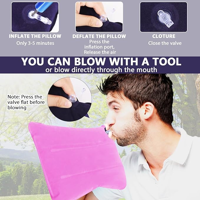 2 Pack Ultralight Inflatable Camping Pillows for Sleeping & Travel, Camp Pillow Backpacking for Sleeping, Inflatable Beach Ergonomic Pillows for Camping Hiking Home Sleeping (Pink+Gray)