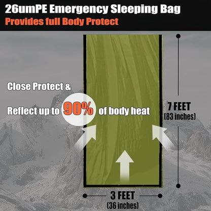 Frelaxy Emergency Sleeping Bag 1-Pack/2-Pack, Extra-Thick Compact Survival Bivy with Whistle, Storage Pouch, and EVA case, Perfect for Survival Kits (Army Green - 1 Pack)