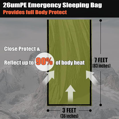 Frelaxy Emergency Sleeping Bag 1-Pack/2-Pack, Extra-Thick Compact Survival Bivy with Whistle, Storage Pouch, and EVA case, Perfect for Survival Kits (Army Green - 2 Pack)